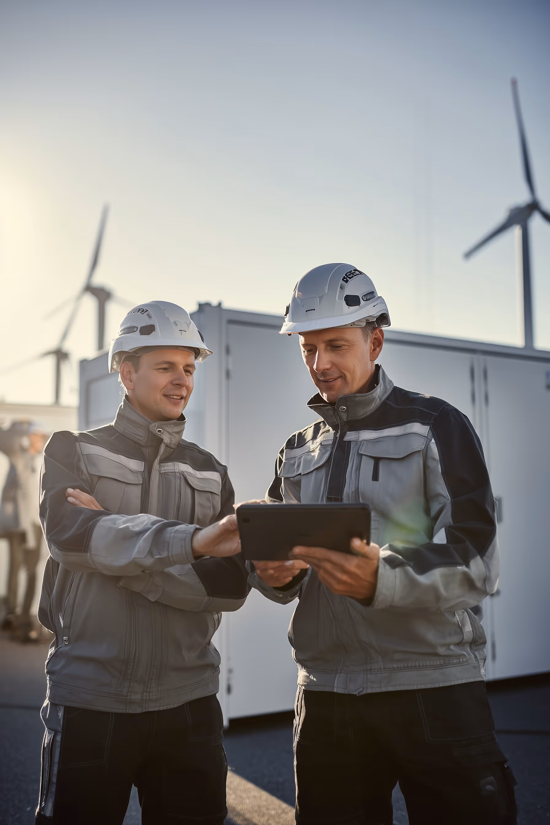 Two male engineers wearing hard hats and work jackets reviewing a tablet outdoors with wind turbines in the background.
