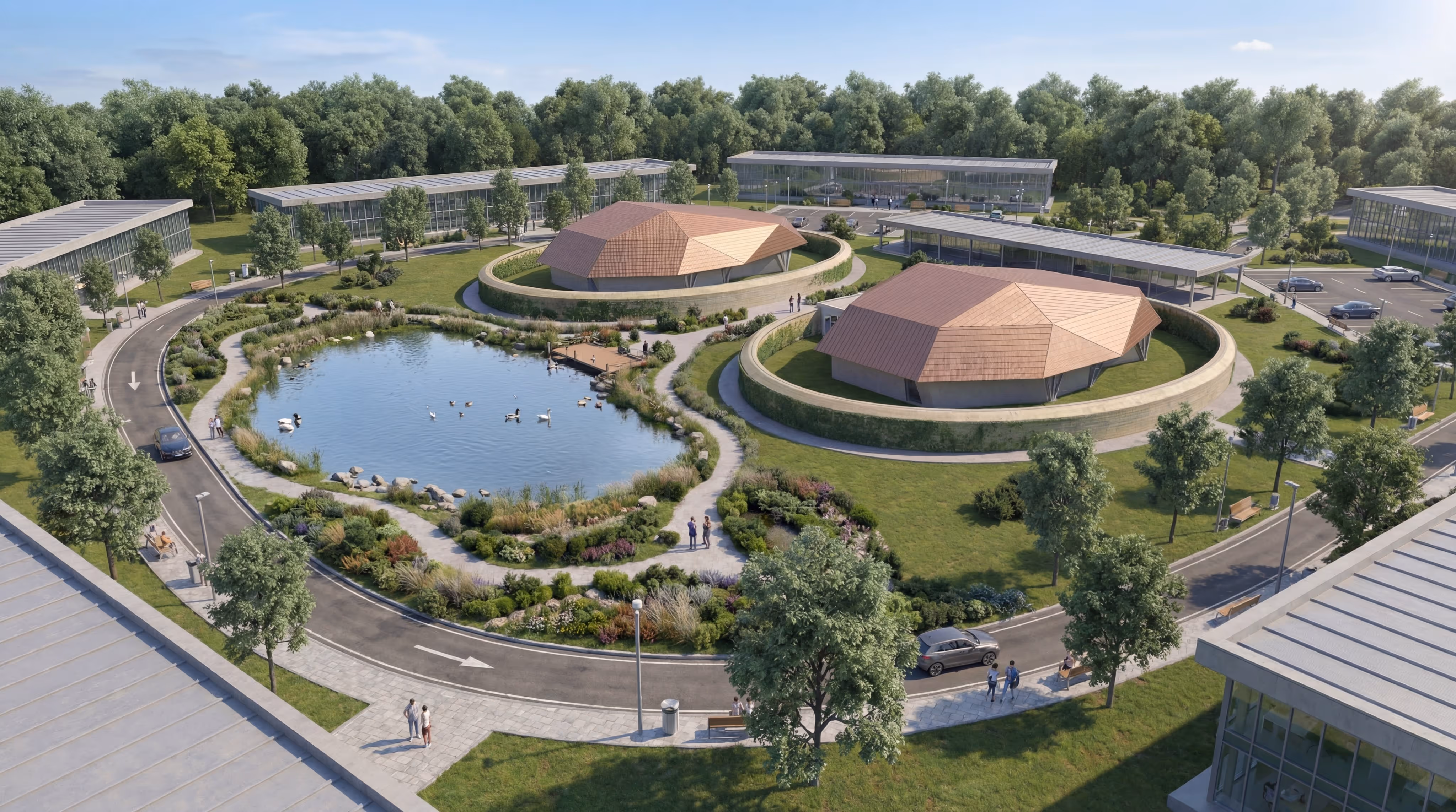 A modern eco-friendly campus with circular green-roofed buildings, solar panels, walking paths, and a pond with fountains.