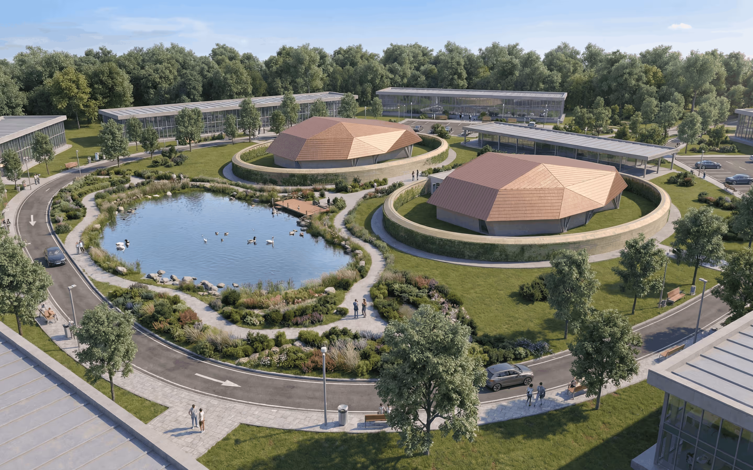 A modern eco-friendly campus with circular green-roofed buildings, solar panels, walking paths, and a pond with fountains.