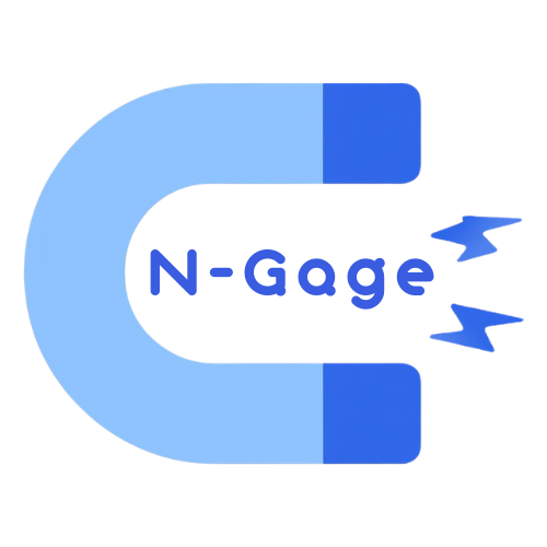 Blue horseshoe magnet with the text 'N-Gage' between its poles and two blue lightning bolts on the right.