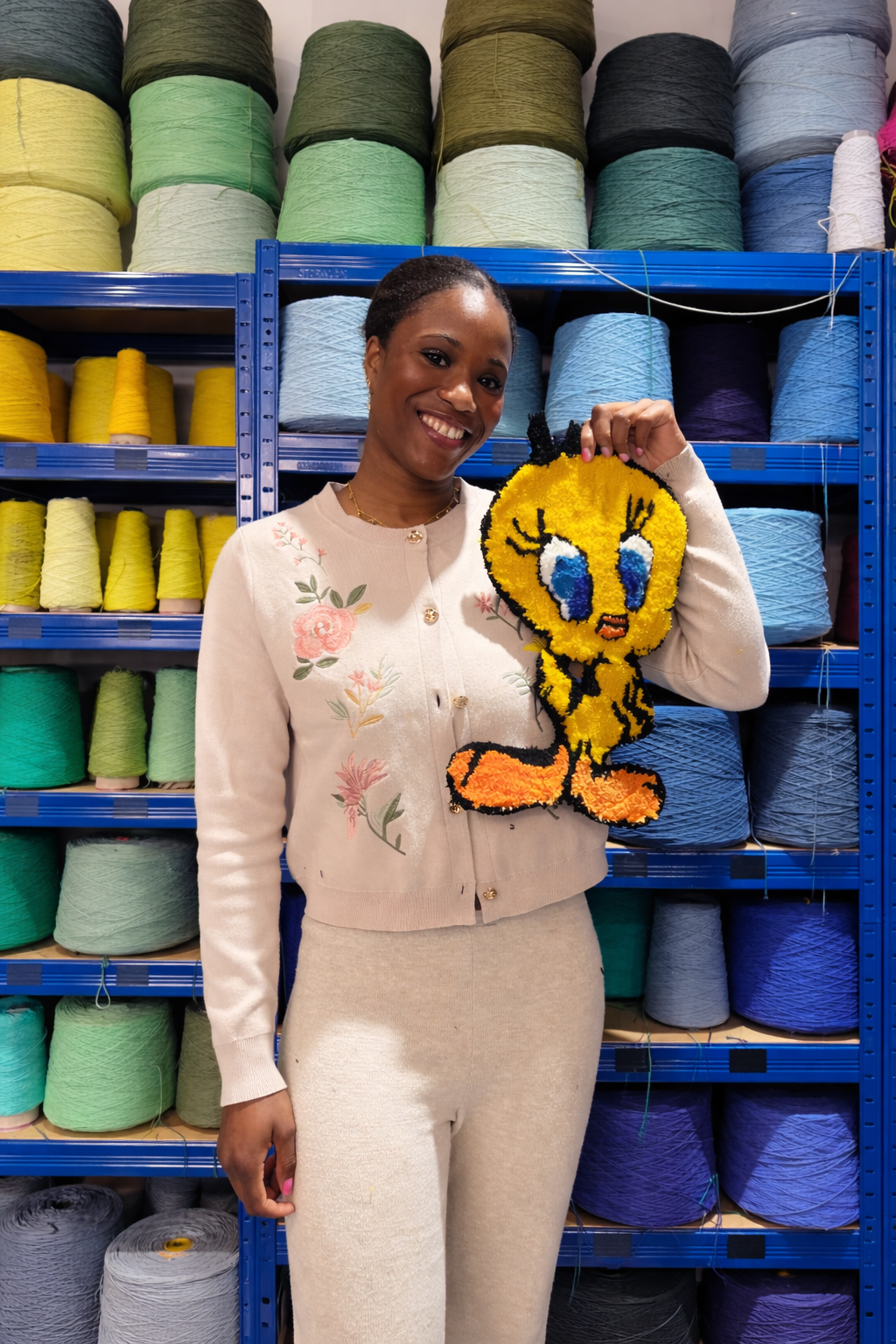 Smiling woman holding a handmade Tweety Bird rug in front of shelves filled with colorful yarn spools.