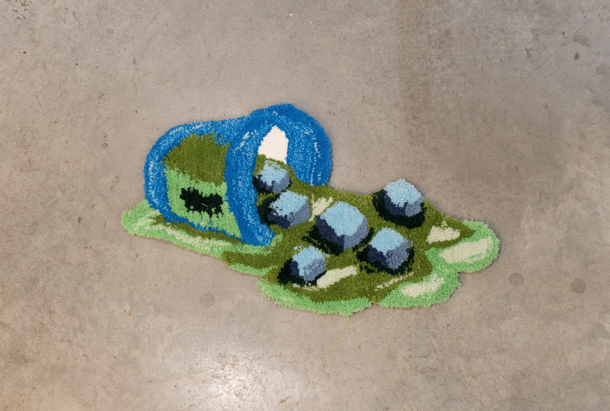 Colorful latch hook rug depicting a spilled container with blueberries on a concrete floor.