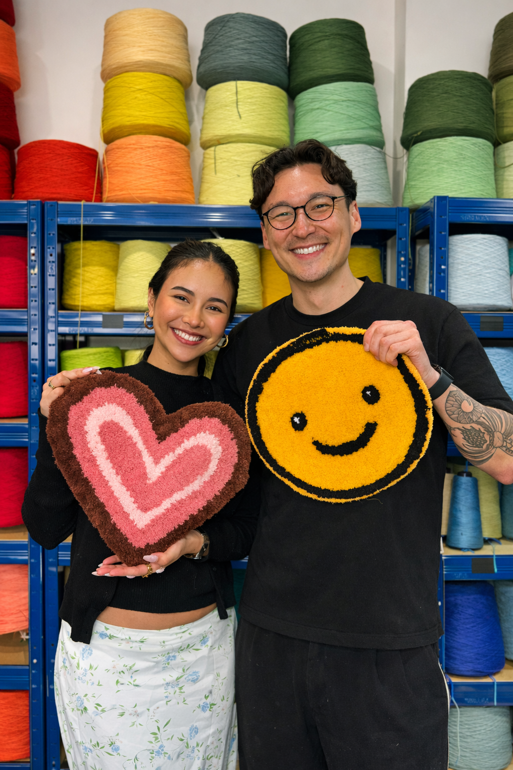 Smiling man and woman holding yarn-made heart and smiley face crafts in front of colorful yarn shelves.