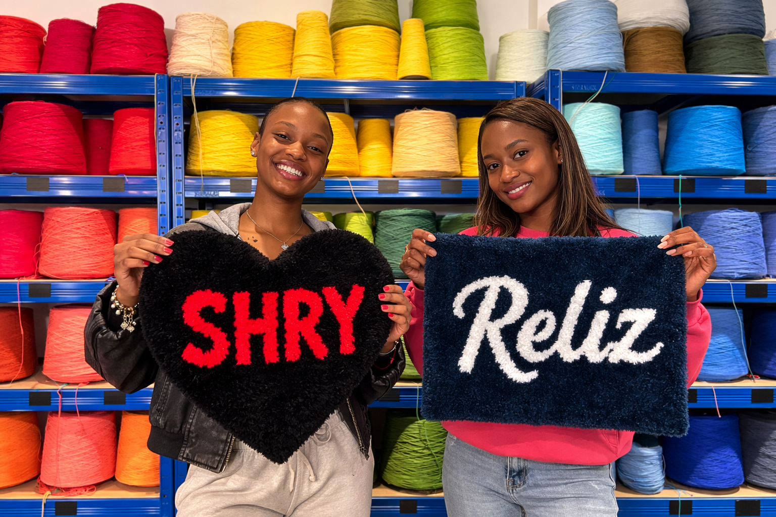 Two smiling women holding black fuzzy textiles with names 'SHRY' and 'Reliz' in a colorful yarn shop.
