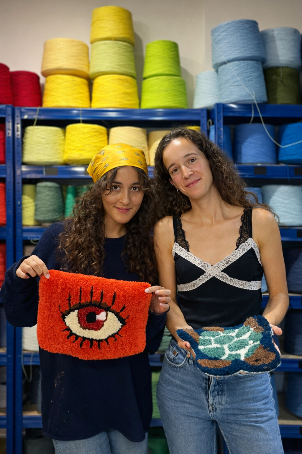 Two women standing in front of shelves with colorful yarn holding handmade tufted fabric pieces, one with an eye design and the other with an abstract pattern.