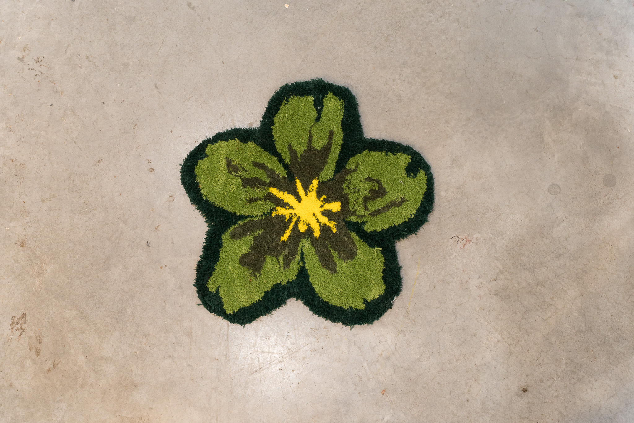 Green and yellow flower-shaped rug on a concrete floor.