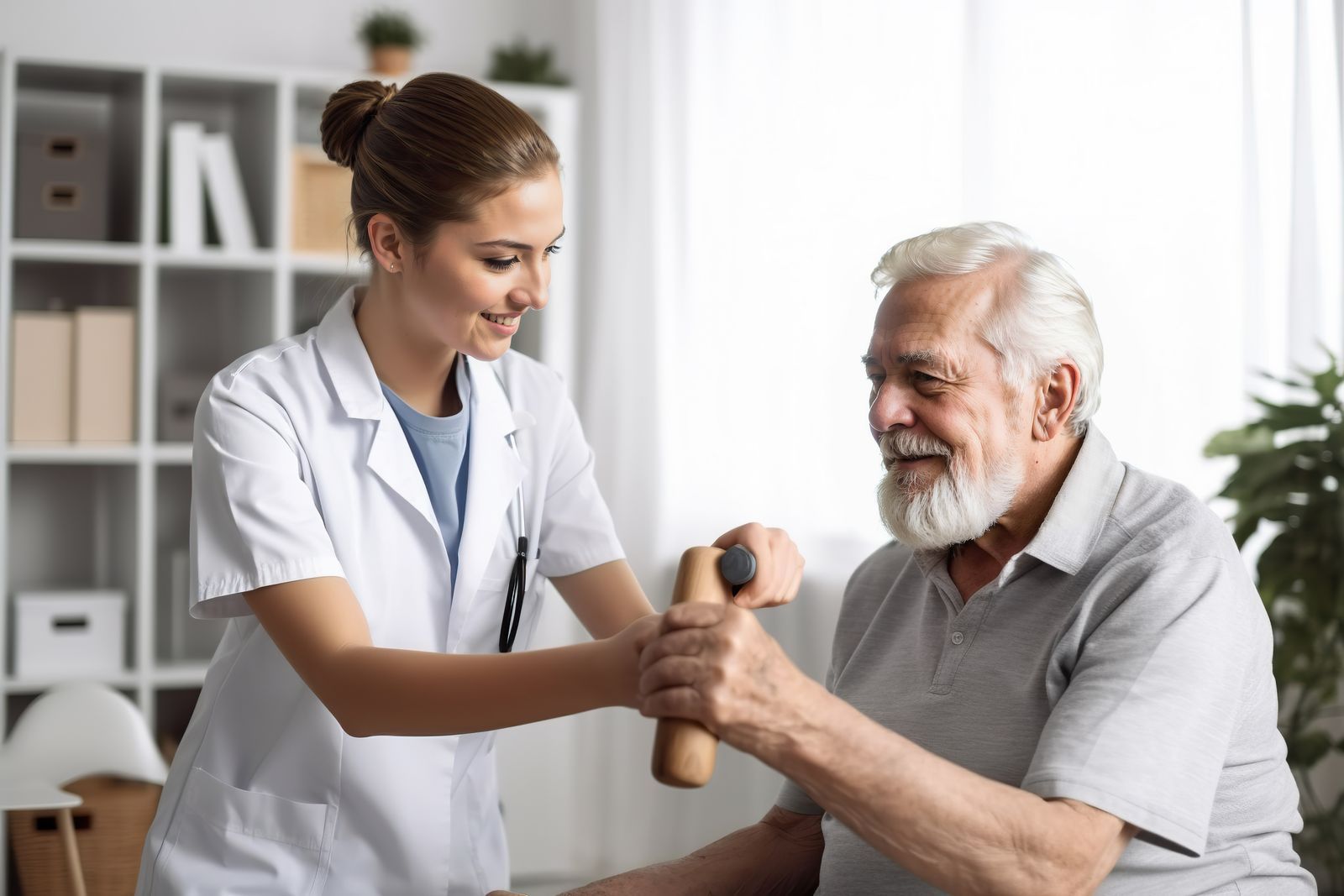 Ergotherapeutin übt mit einem älteren Patienten in der Praxis