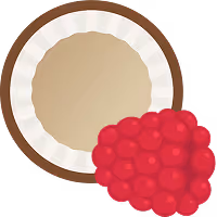 Half a coconut with a raspberry next to it