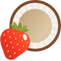 Half a coconut with a strawberry next to it