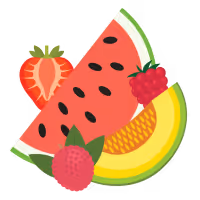 An image of a watermelon, strawberry, melon, lychee and a raspberry