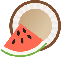 Half a coconut with a watermelon next to it