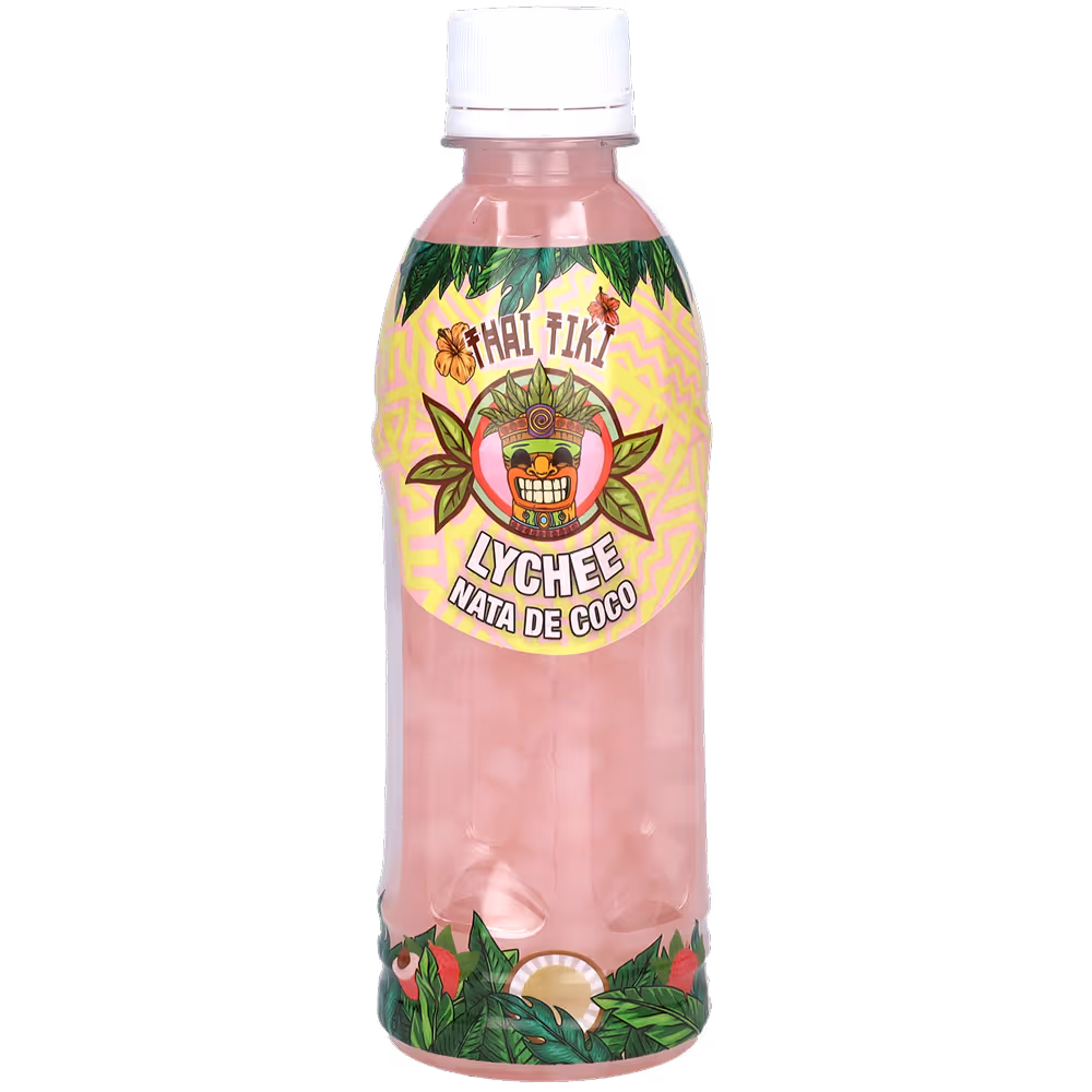 A light pink bottle of nata de coco Thai Tiki drink with lychee flavor
