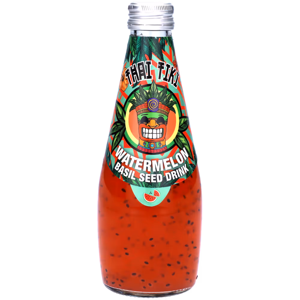 A red bottle of basil seed Thai Tiki drink with watermelon flavor