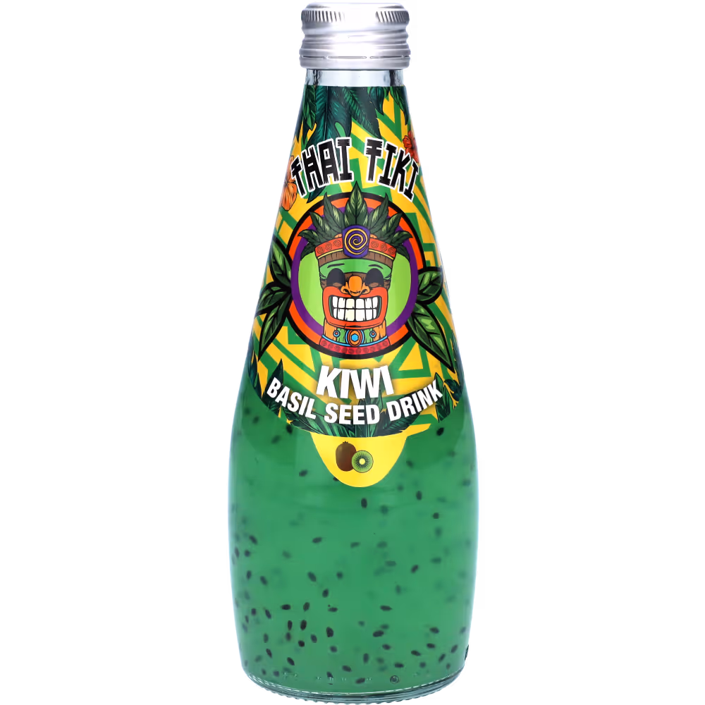 A green bottle of basil seed Thai Tiki drink with kiwi flavor