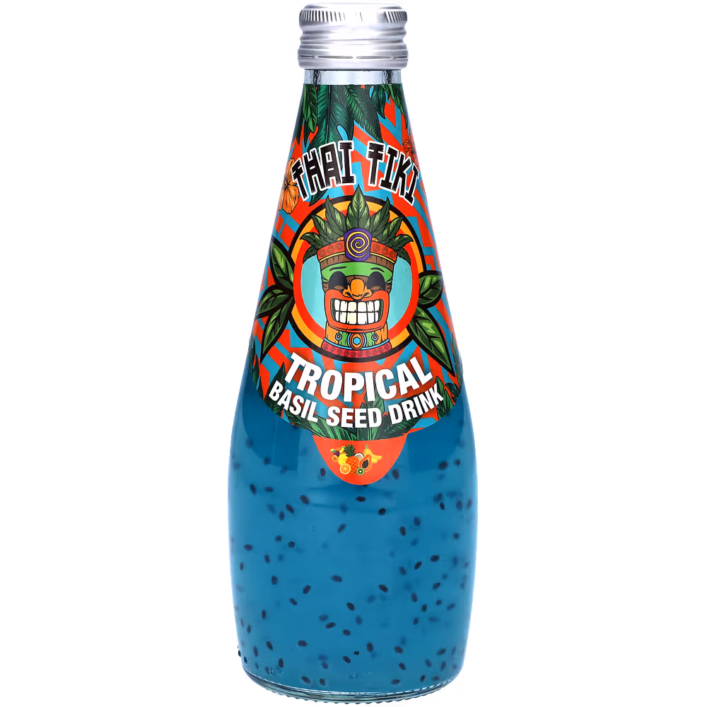 A blue bottle of basil seed Thai Tiki drink with tropical flavor