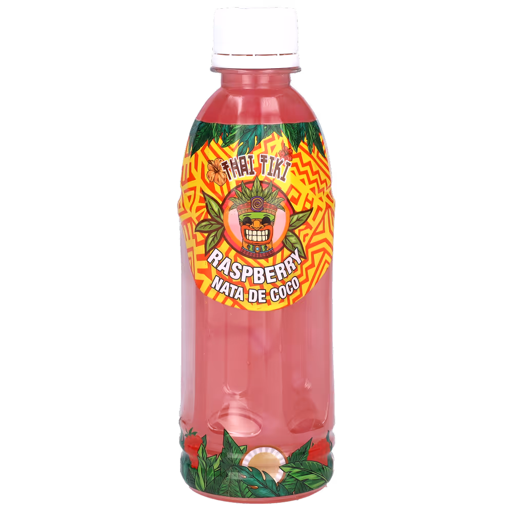 A dark pink bottle of nata de coco Thai Tiki drink with raspberry flavor