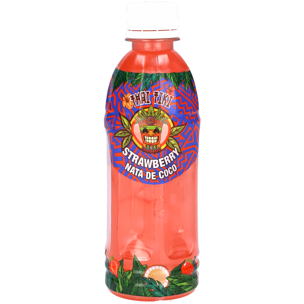 A light red bottle of nata de coco Thai Tiki drink with strawberry flavor