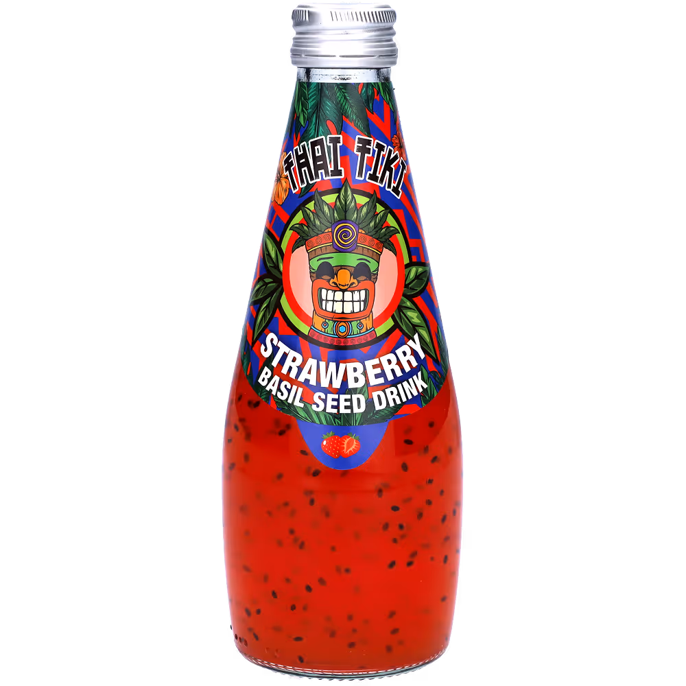 A red bottle of basil seed Thai Tiki drink with strawberry flavor