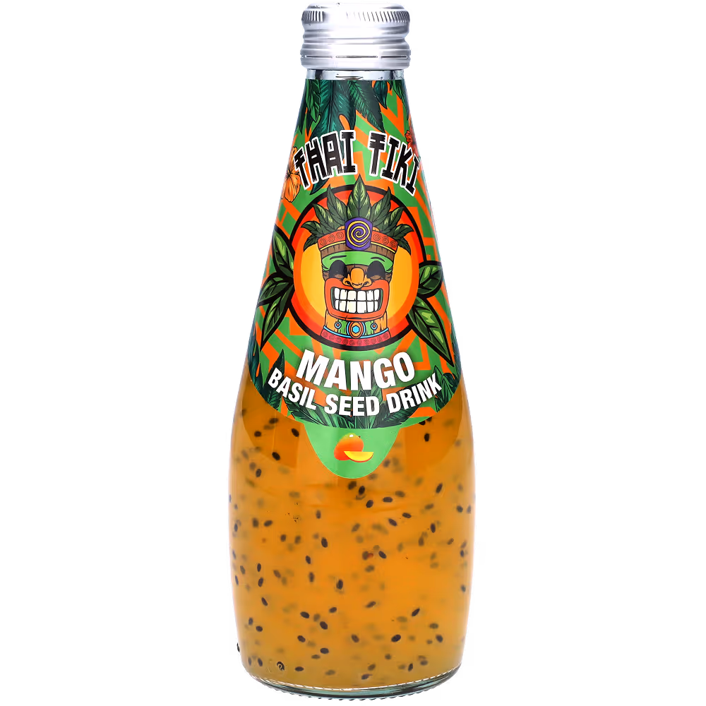 A orange bottle of basil seed Thai Tiki drink with mango flavor