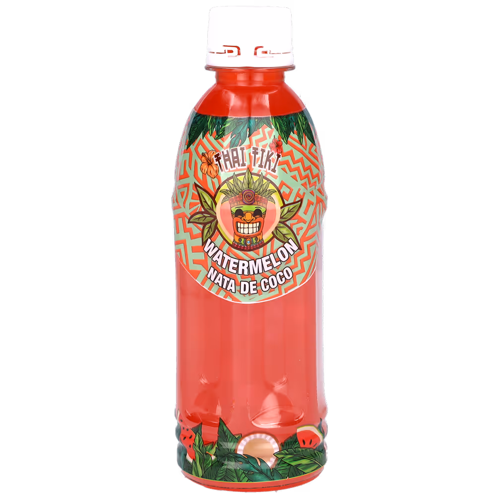 A red bottle of nata de coco Thai Tiki drink with watermelon flavor