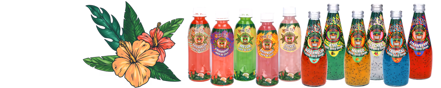 A line of Thai Tiki bottles showcasing all flavors.