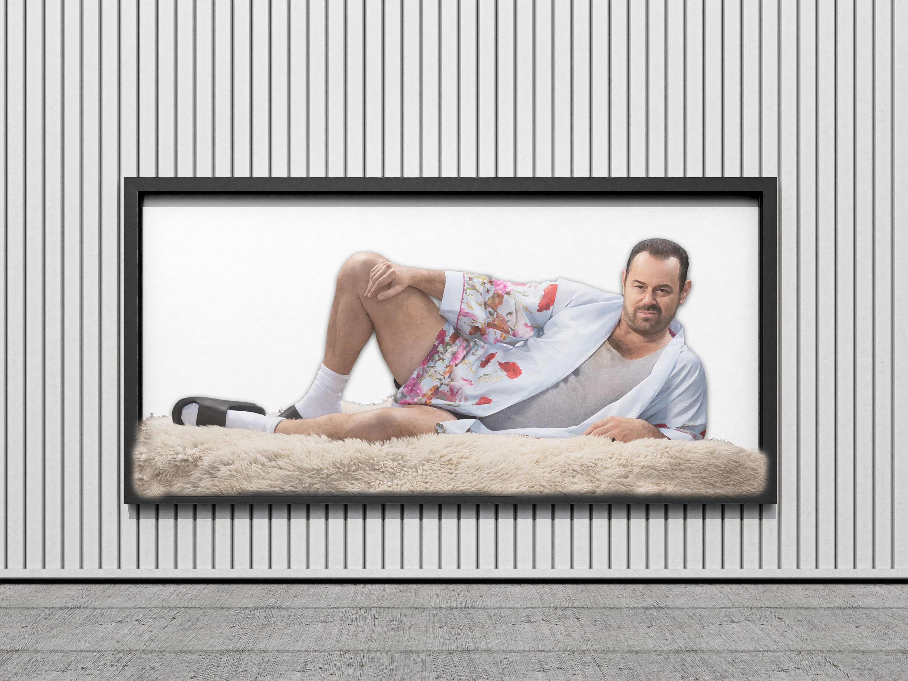 Mock-up of the Danny Dyer tufted rug billboard created by Cheeky Studio for Sky's Mr Bigstuff TV series launch campaign, featuring Danny Dyer reclining in character as Lee, 2024