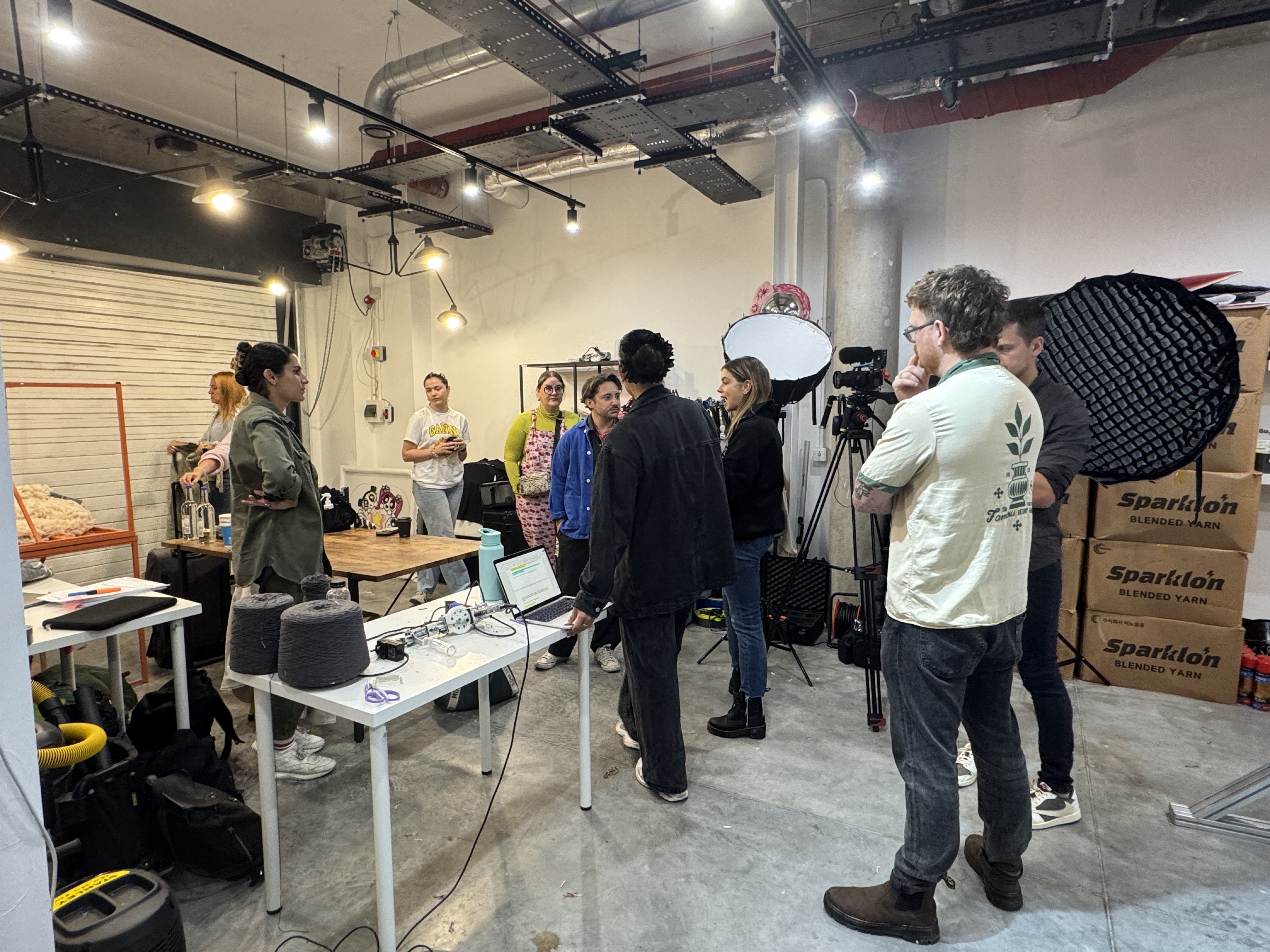 Sky TV and Ready10 film crew visiting Cheeky Studio,  Hackney Wick, to document the making of the giant  Danny Dyer tufted rug for the Mr Bigstuff PR campaign, 2024
