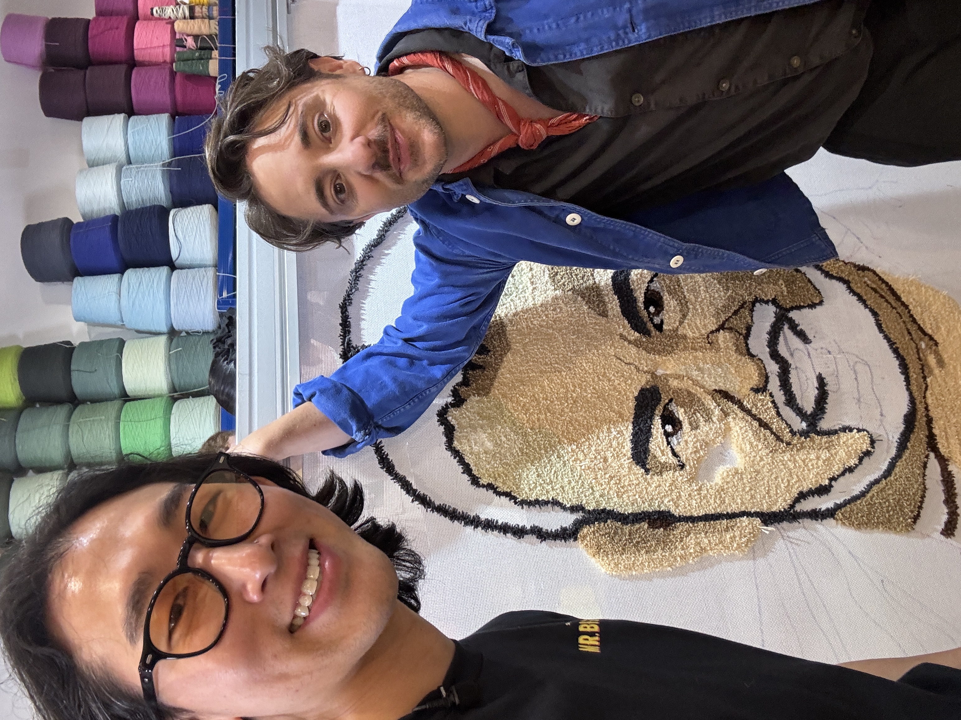 Ryan Sampson, co-creator and star of Sky's Mr Bigstuff,  visits Cheeky Studio in Hackney Wick during the making  of the Danny Dyer tufted rug commission, London 2024