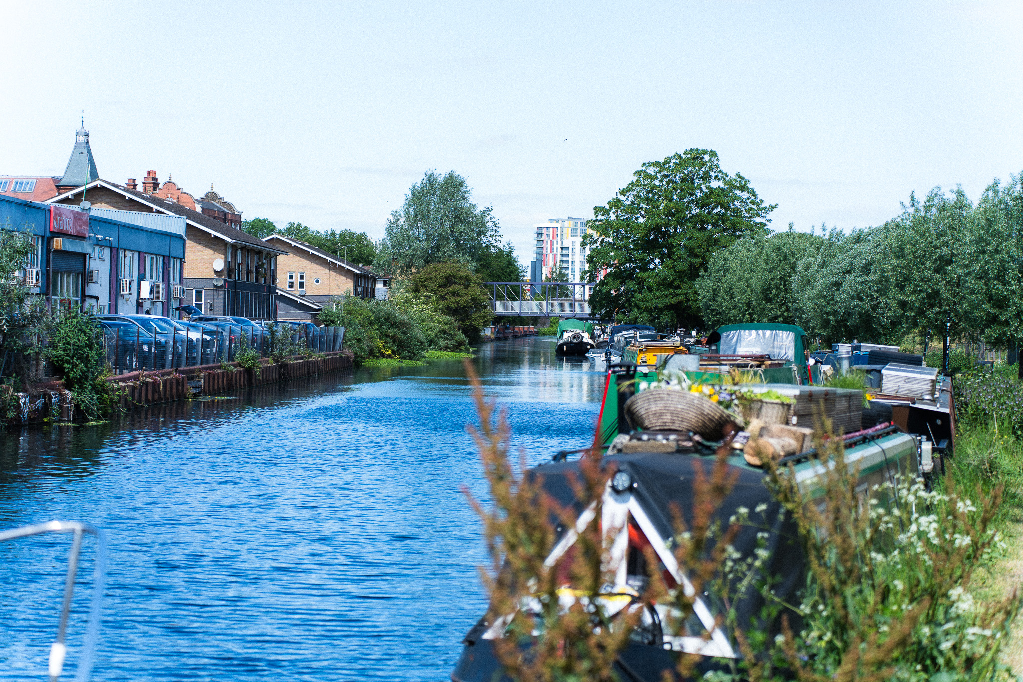 River Lea towpath and narrowboats in Hackney Wick, East London — a short walk from Cheeky Studio tufting workshop
