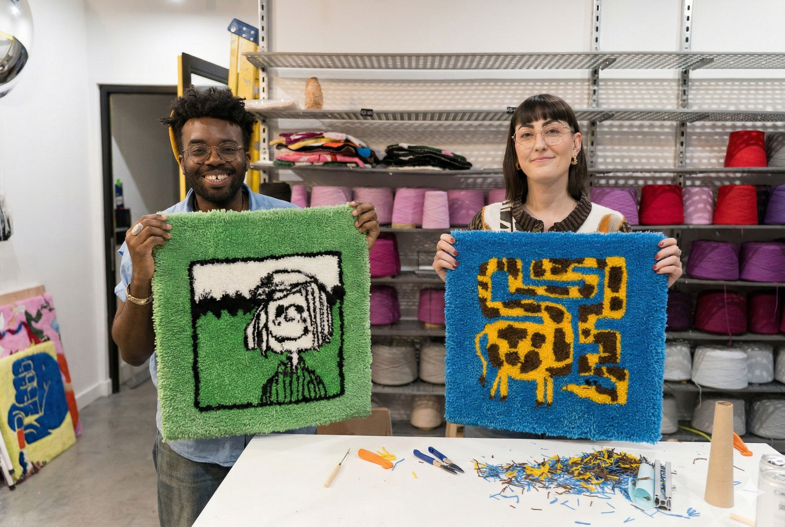 A couple holding a finished tufted rug of a green charactor design and animal design each at Cheeky Studio, in front of shelves of colourful yarn cones