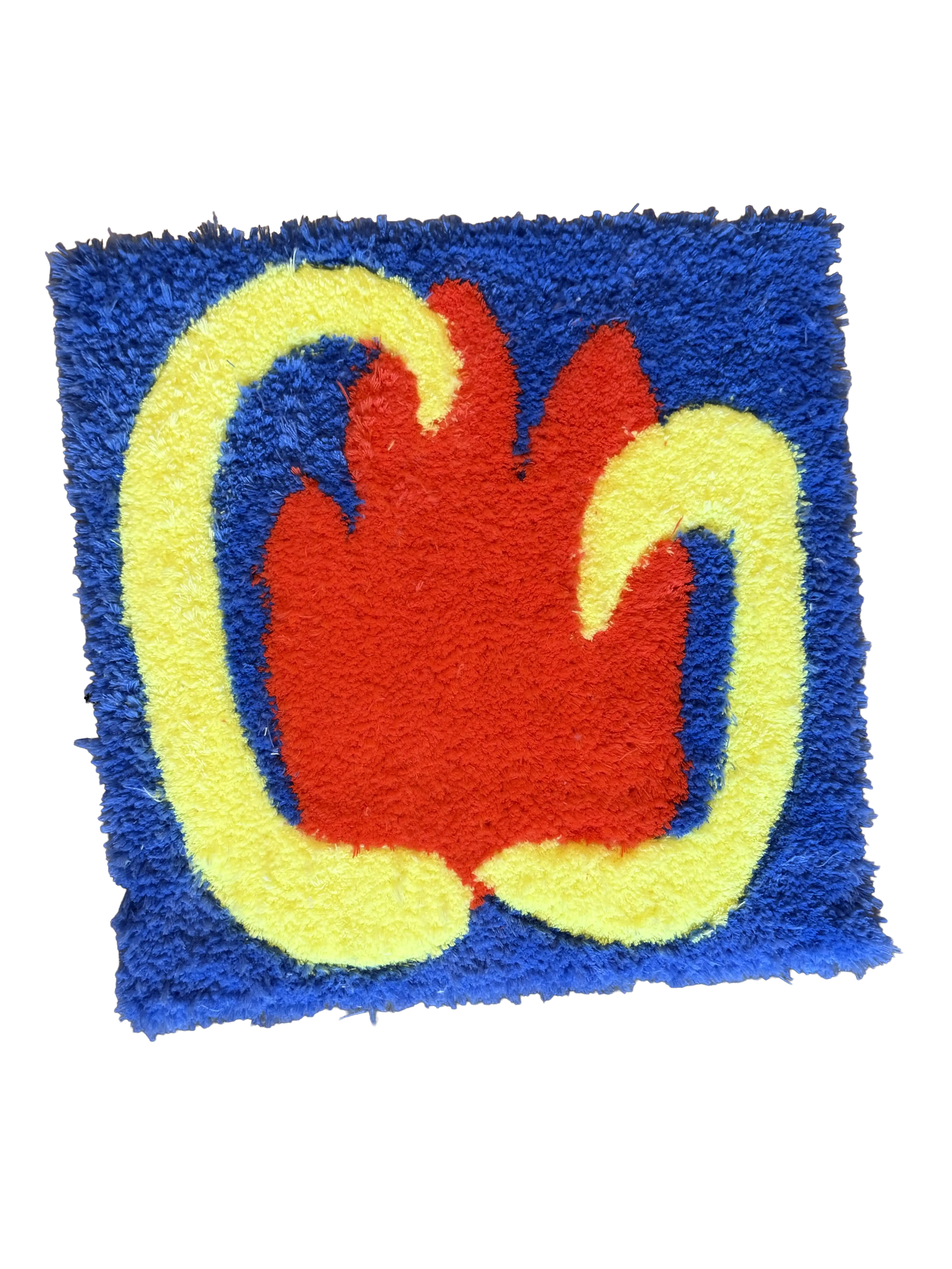 Abstract tufted rug with a yellow outline and red flame or tulip shape on a blue background