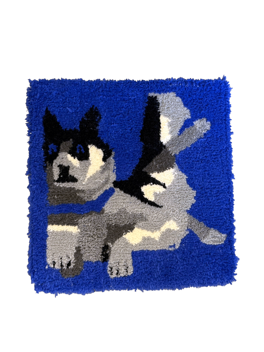 Square rug depicting a husky puppy in grey, black and cream tones on a bright blue background