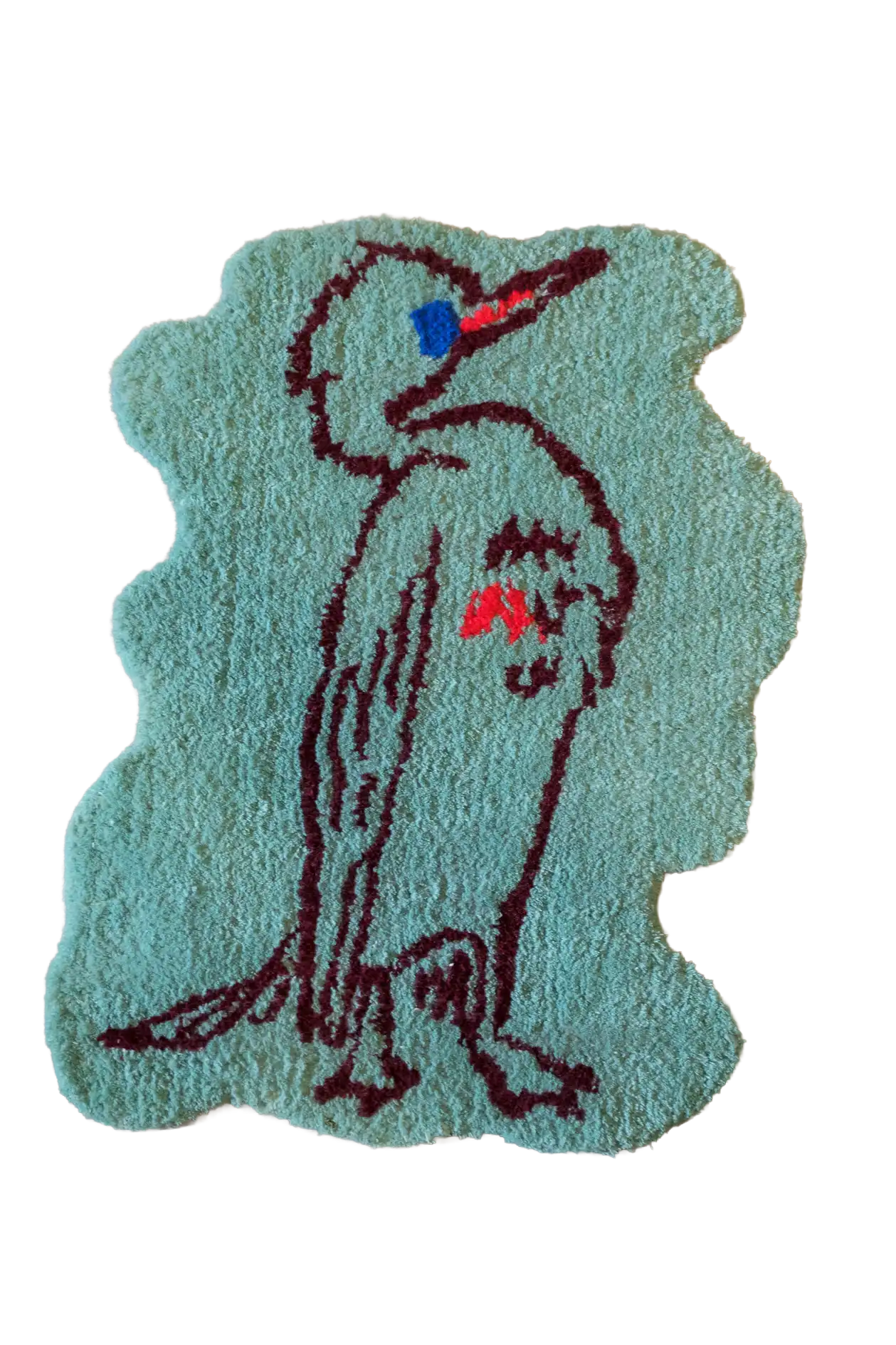 Bird illustration rug in teal with dark outline detailing and red and blue accents