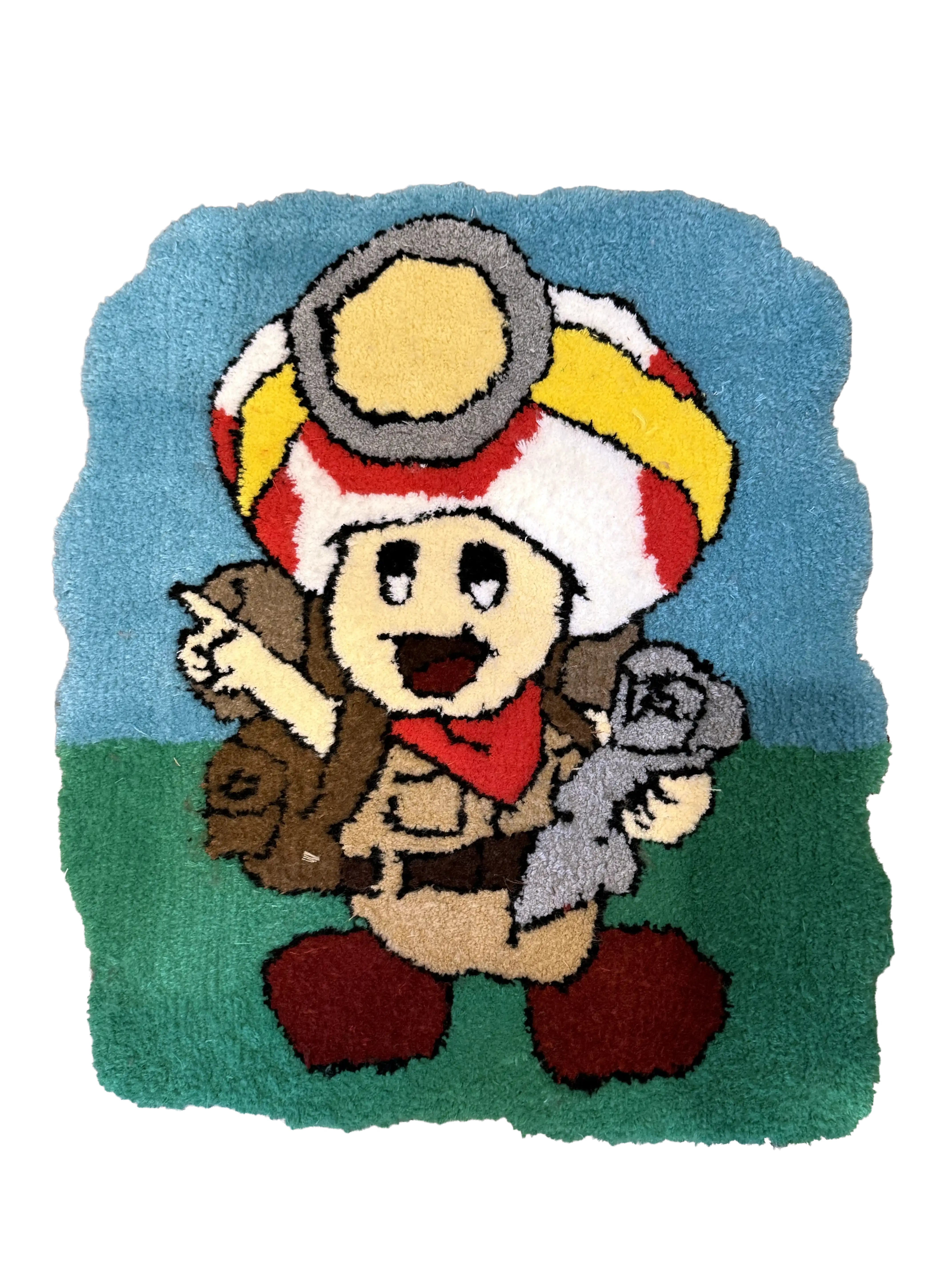 Custom tufted rug featuring a yellow mushroom character with backpack and wrench, set against a sky blue and green background