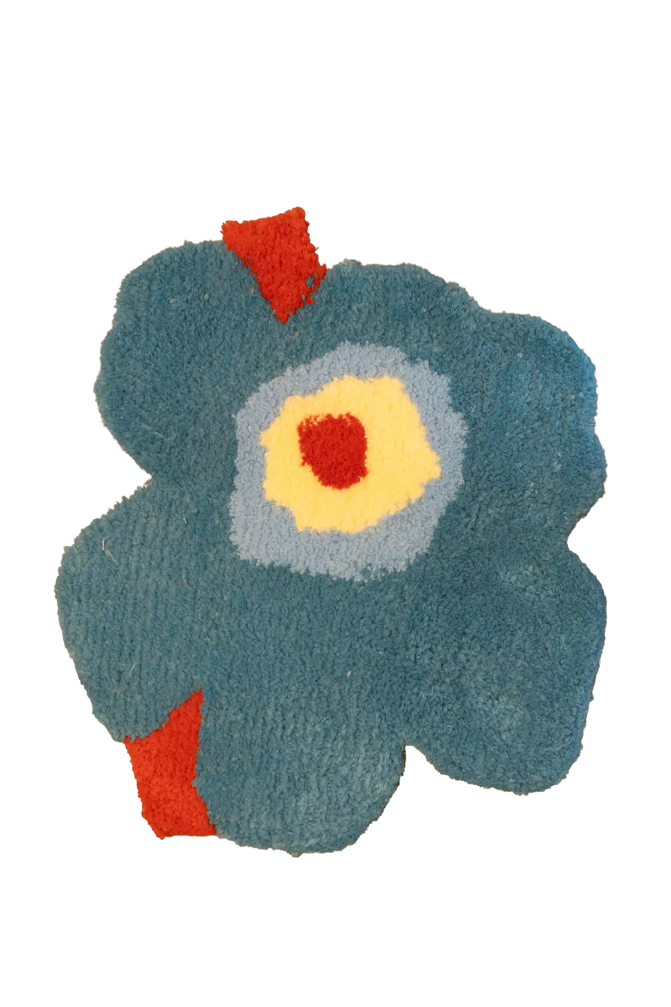Teal flower shaped rug with a yellow and red centre and orange accents