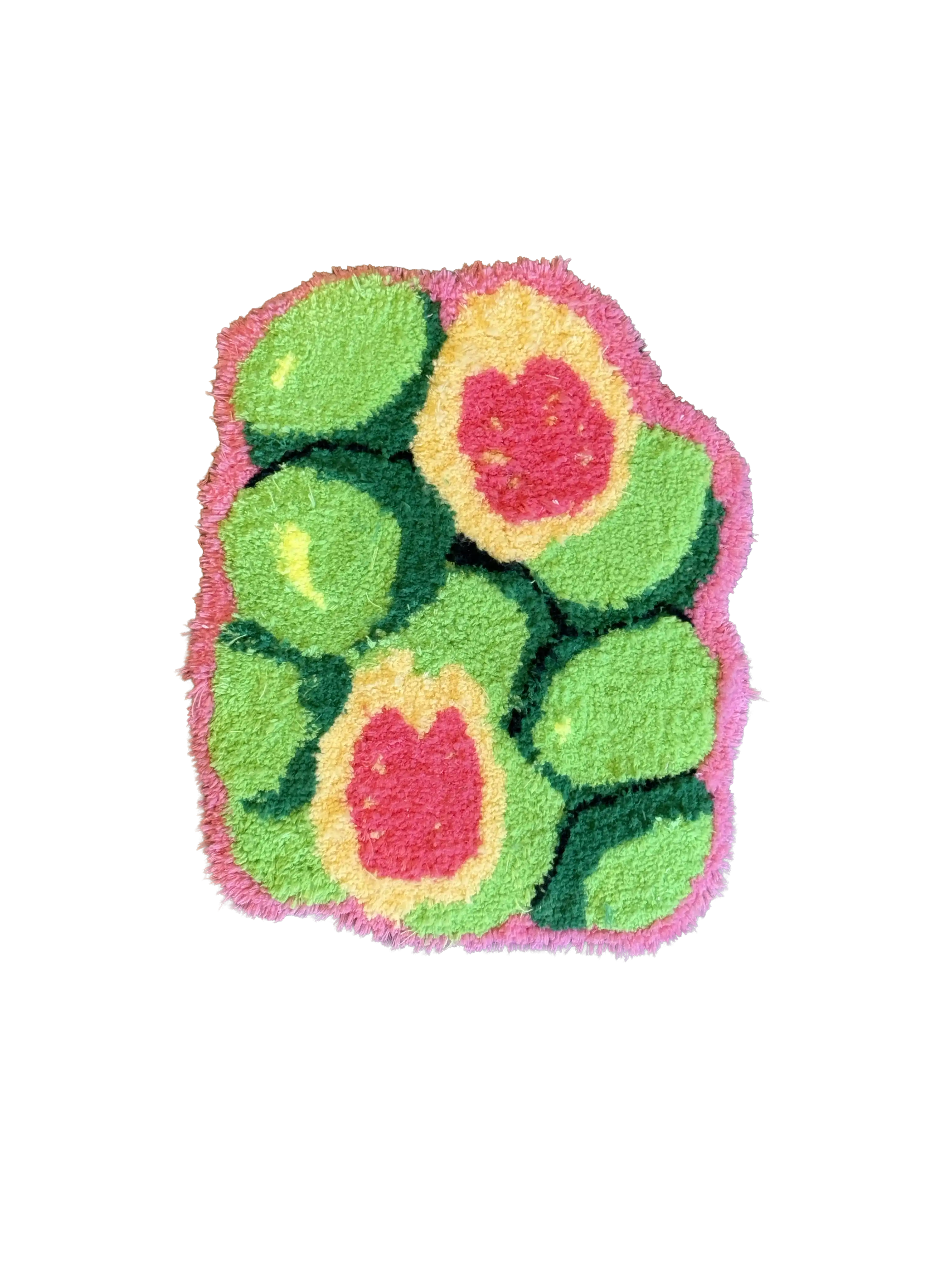 Custom rug depicting sliced limes or guavas in green with pink rind detailing