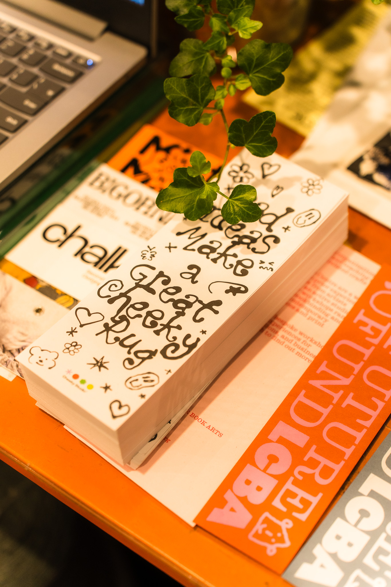 Stack of Cheeky Studio bookmark flyers reading “Bad ideas make a great Cheeky rug” beside books and a plant