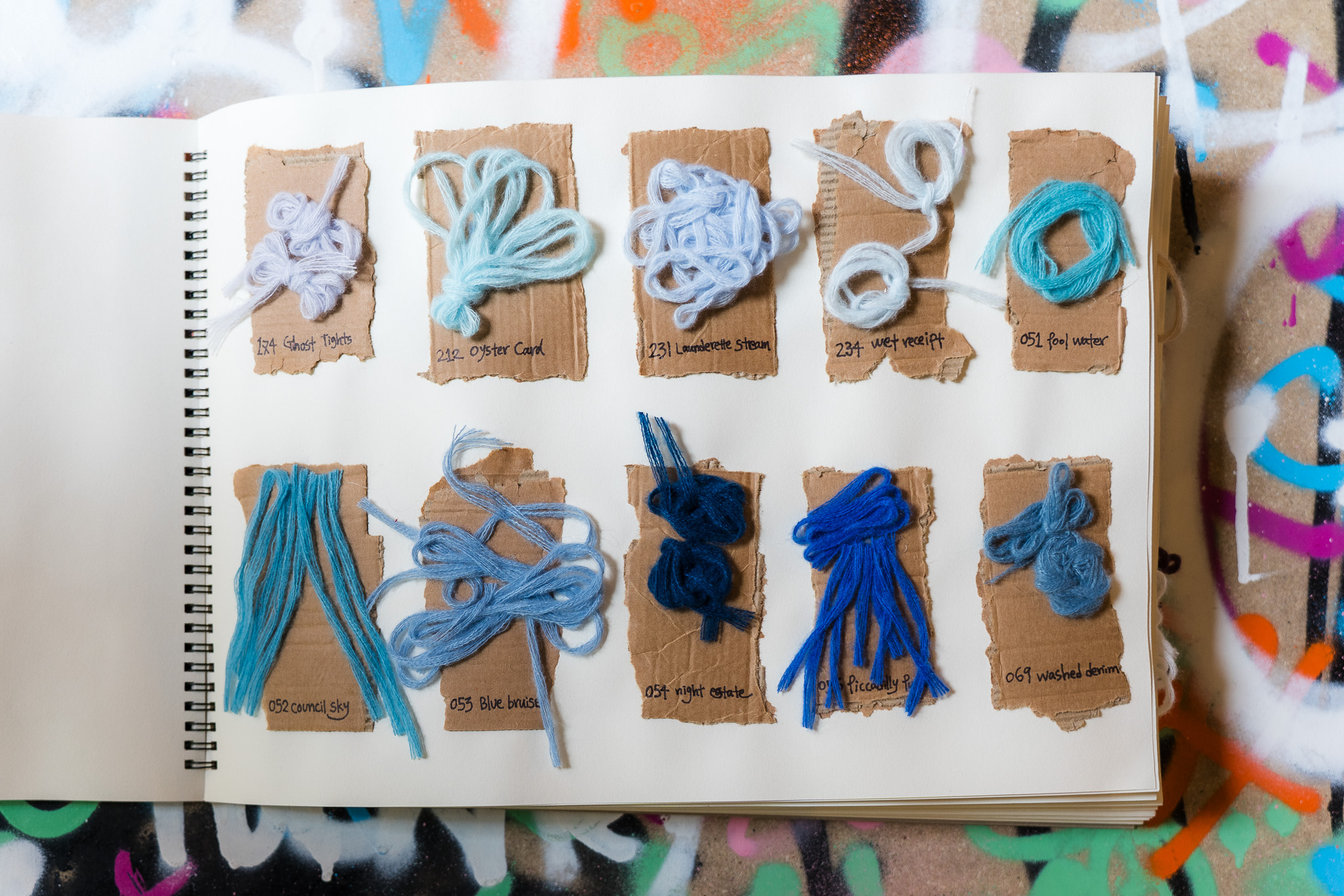 Blue Cheekyarn colour palette arranged in a handmade sample book for guests at Cheeky Studio tufting workshops