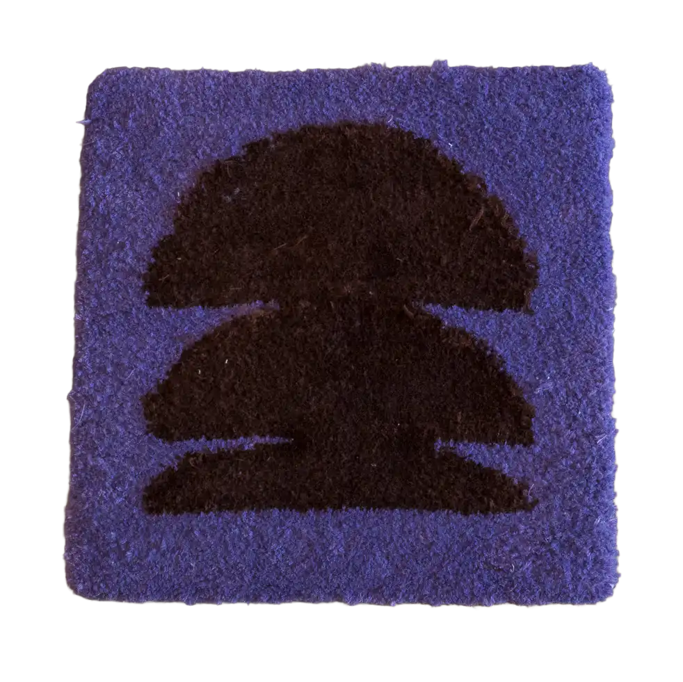 Purple square tufted rug with a dark brown abstract three-tier symbol