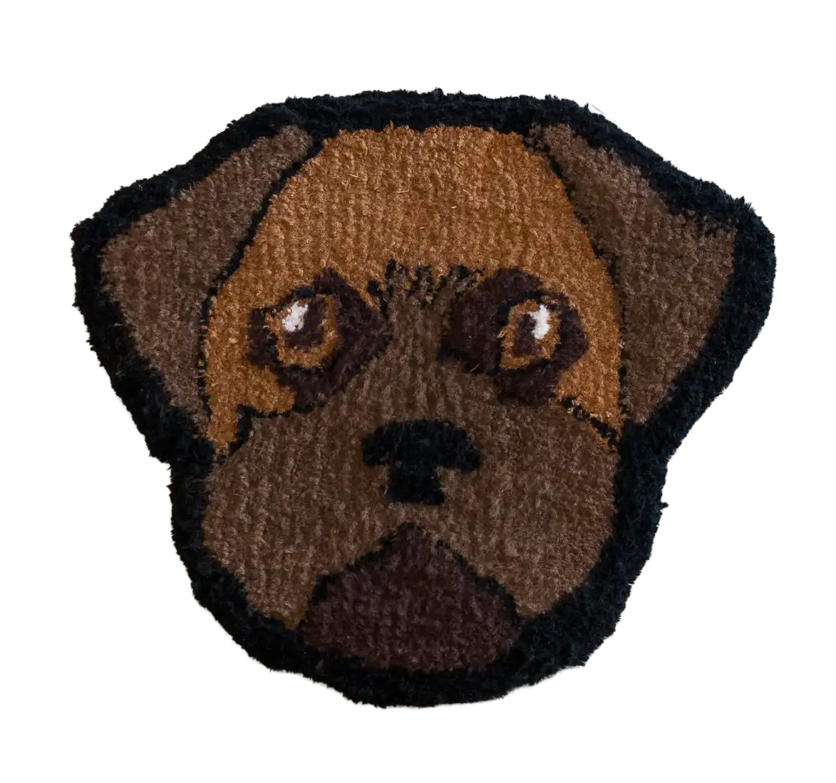 Brown dog-face tufted rug with floppy ears, large eyes and a black outline