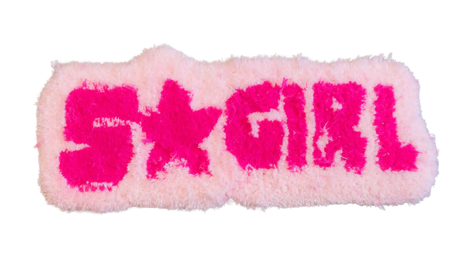 Pale pink rectangular tufted rug with hot pink “S ★ GIRL” lettering