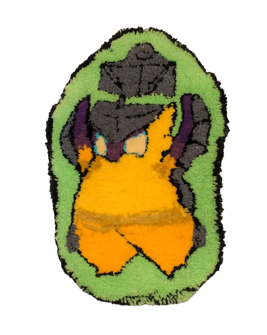 Oval tufted rug showing a yellow creature carrying a grey armoured figure on a light green background