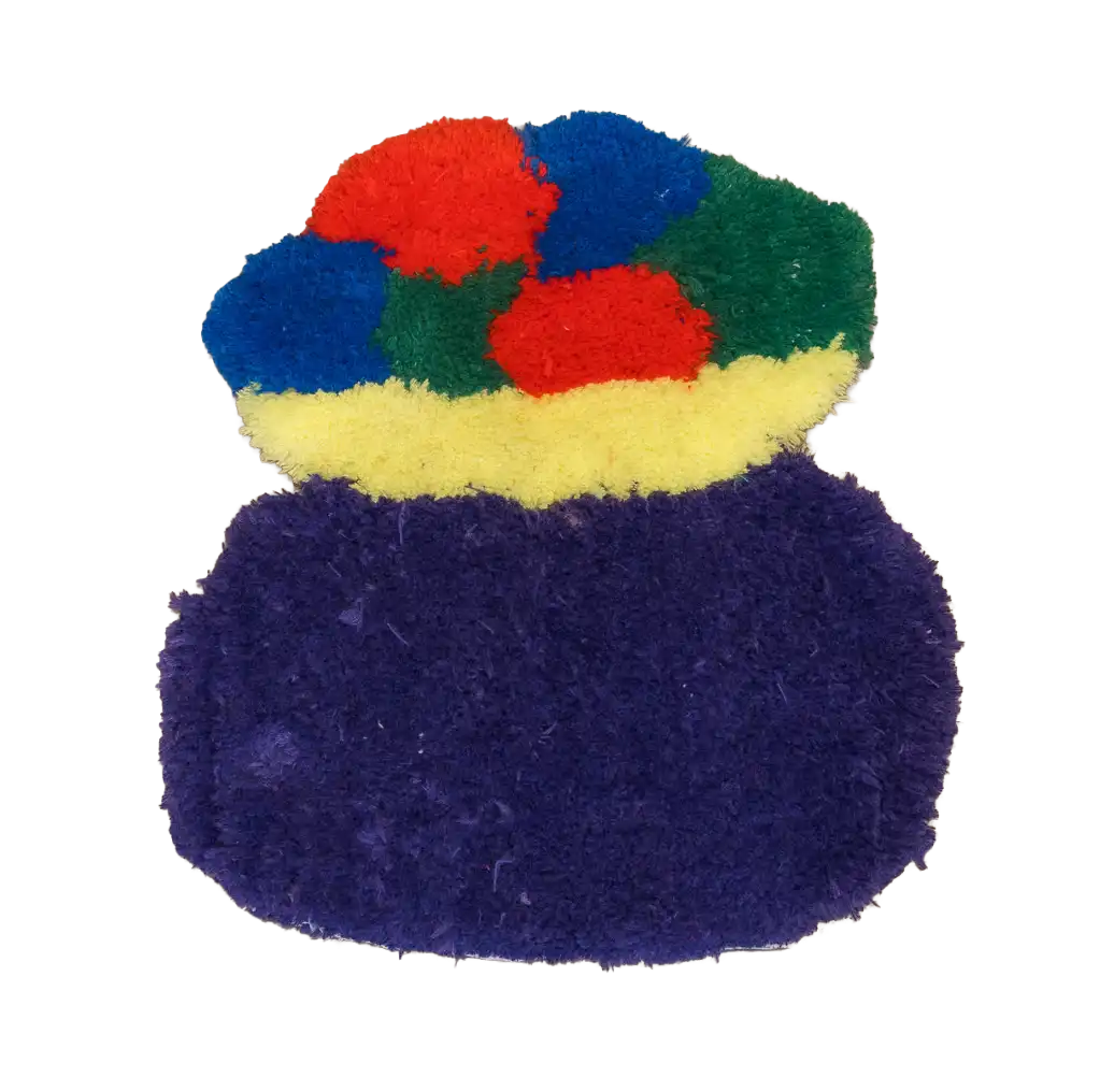 Purple jar-shaped tufted rug topped with red, blue and green round shapes and a pale yellow band