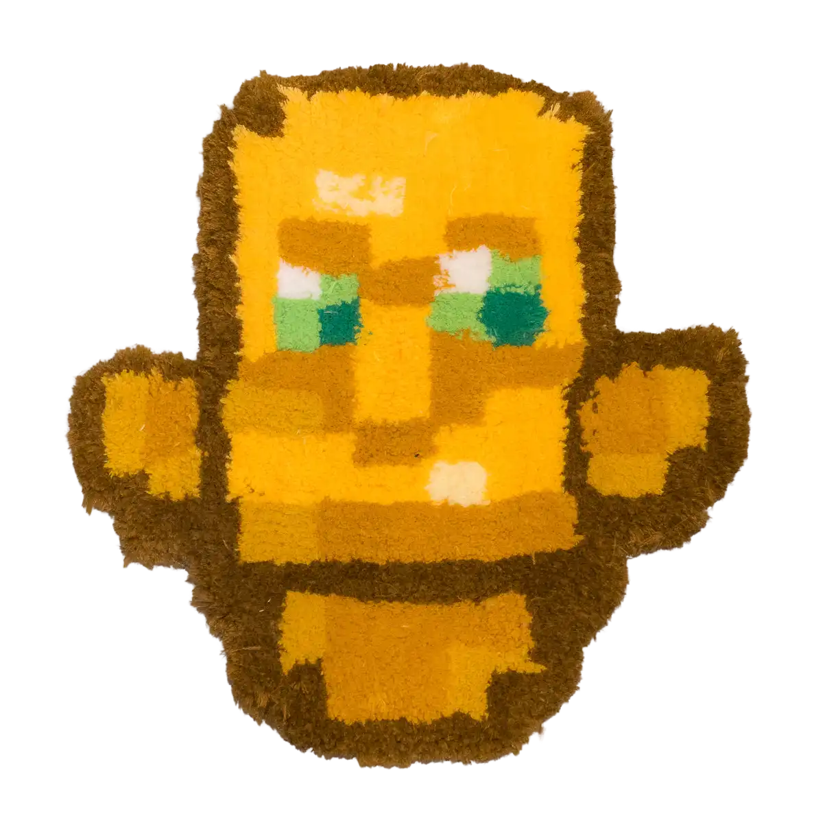 Pixel-style golden cartoon figure tufted rug with green eyes and outstretched arms