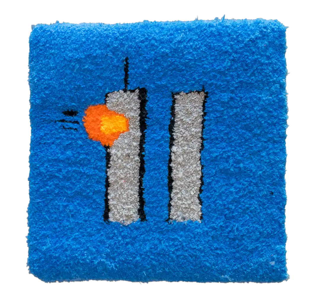 Bright blue square tufted rug with two grey vertical bars and a small orange circle