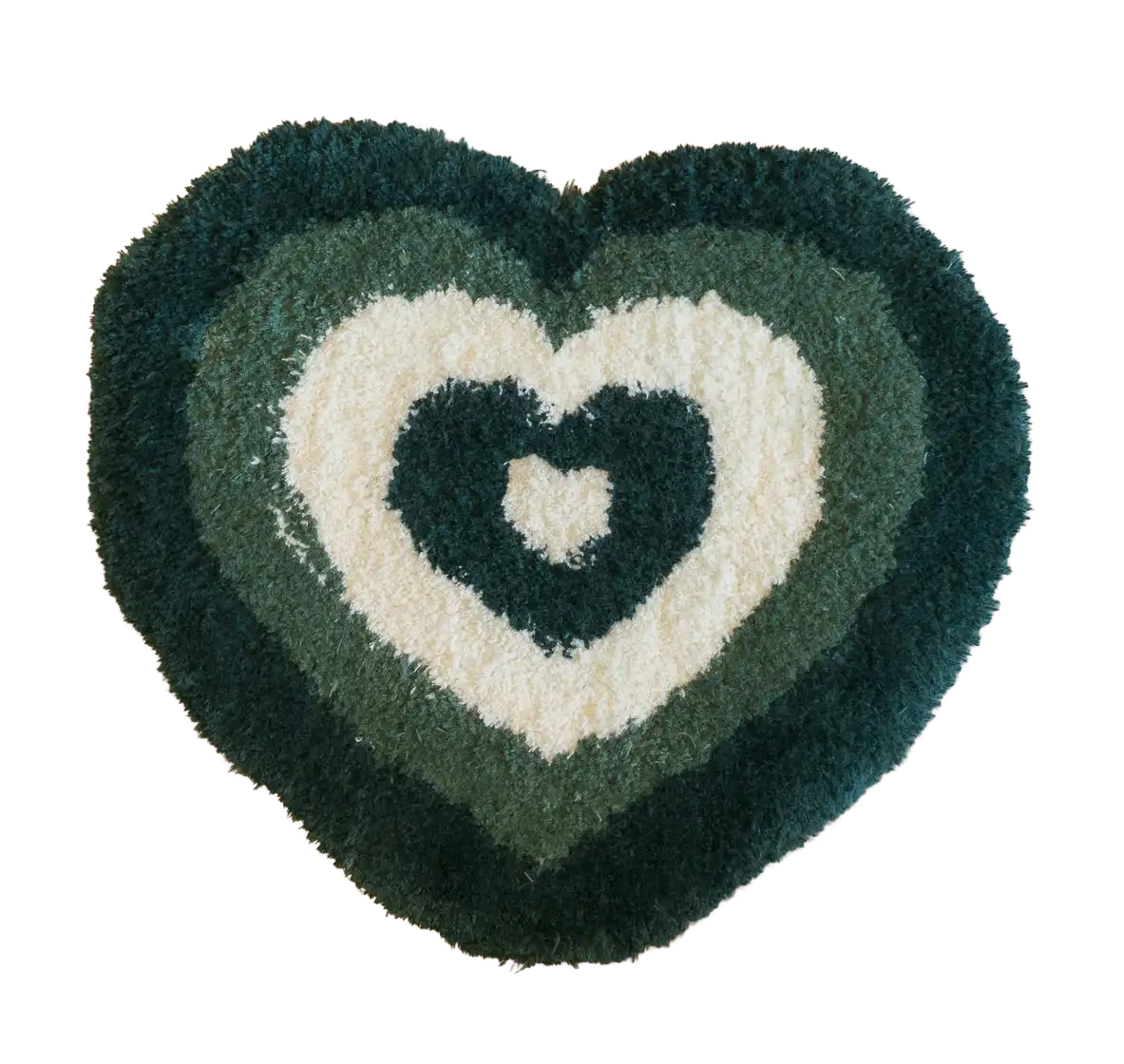 Dark green heart-shaped tufted rug with layered cream and green heart patterns