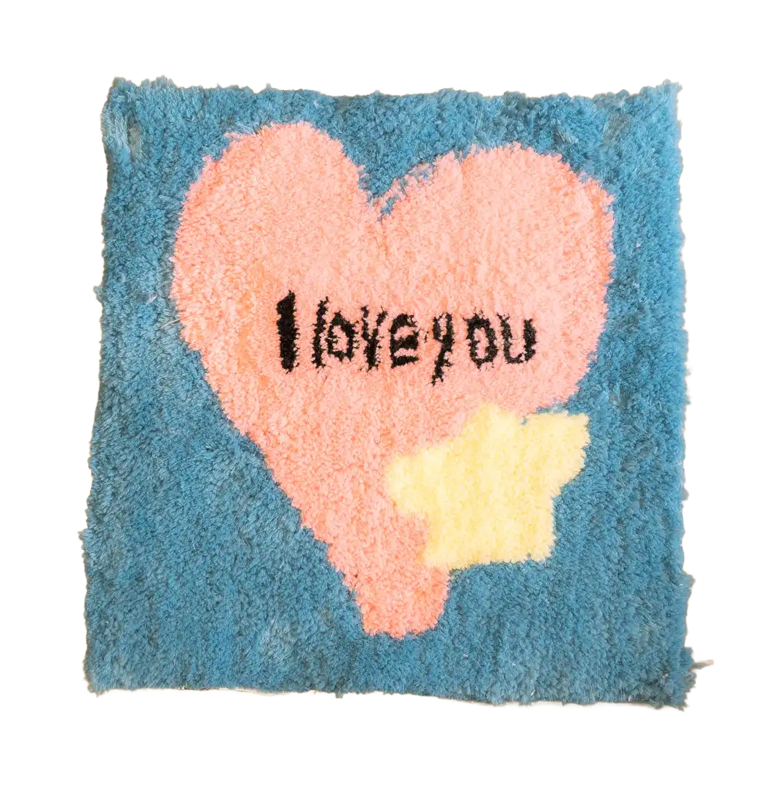 Customer-made blue square tufted rug with a pink heart, “I love you” lettering and a pale yellow star