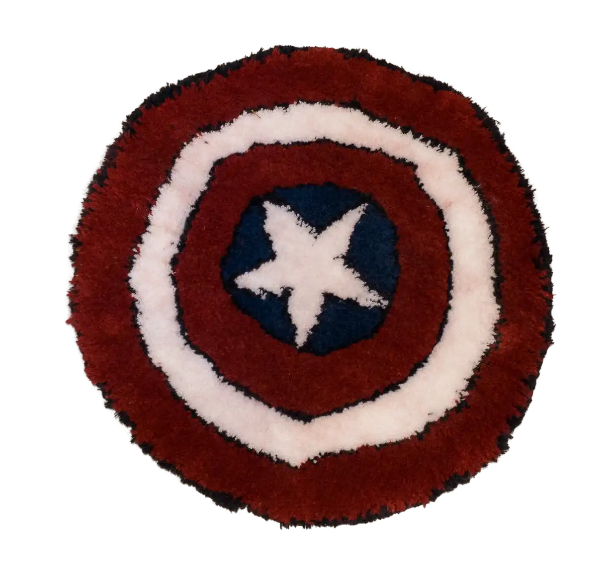 Round red, white and blue tufted rug with concentric rings and a white star in the centre