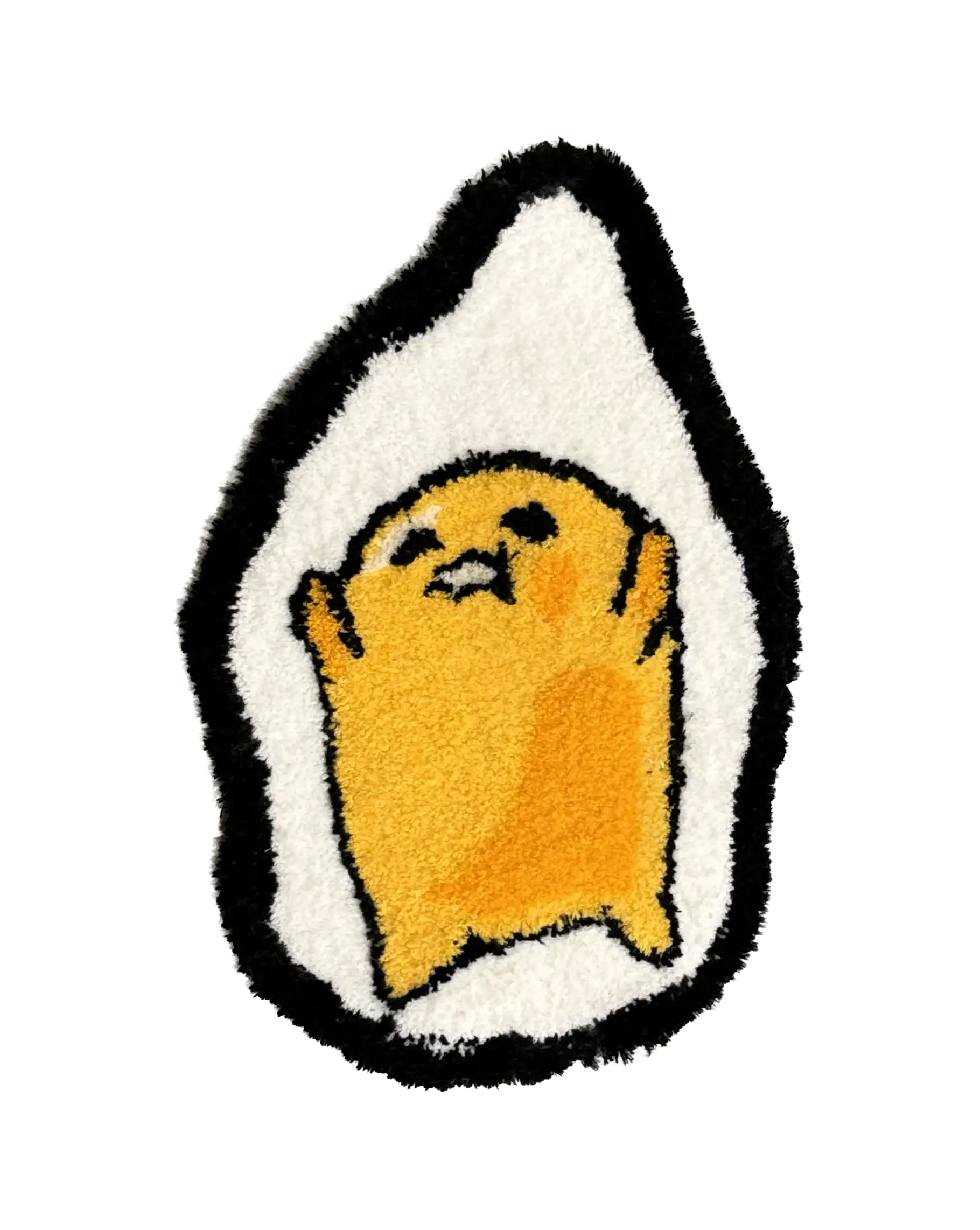 Yellow cartoon egg character tufted rug framed by a white oval and black border