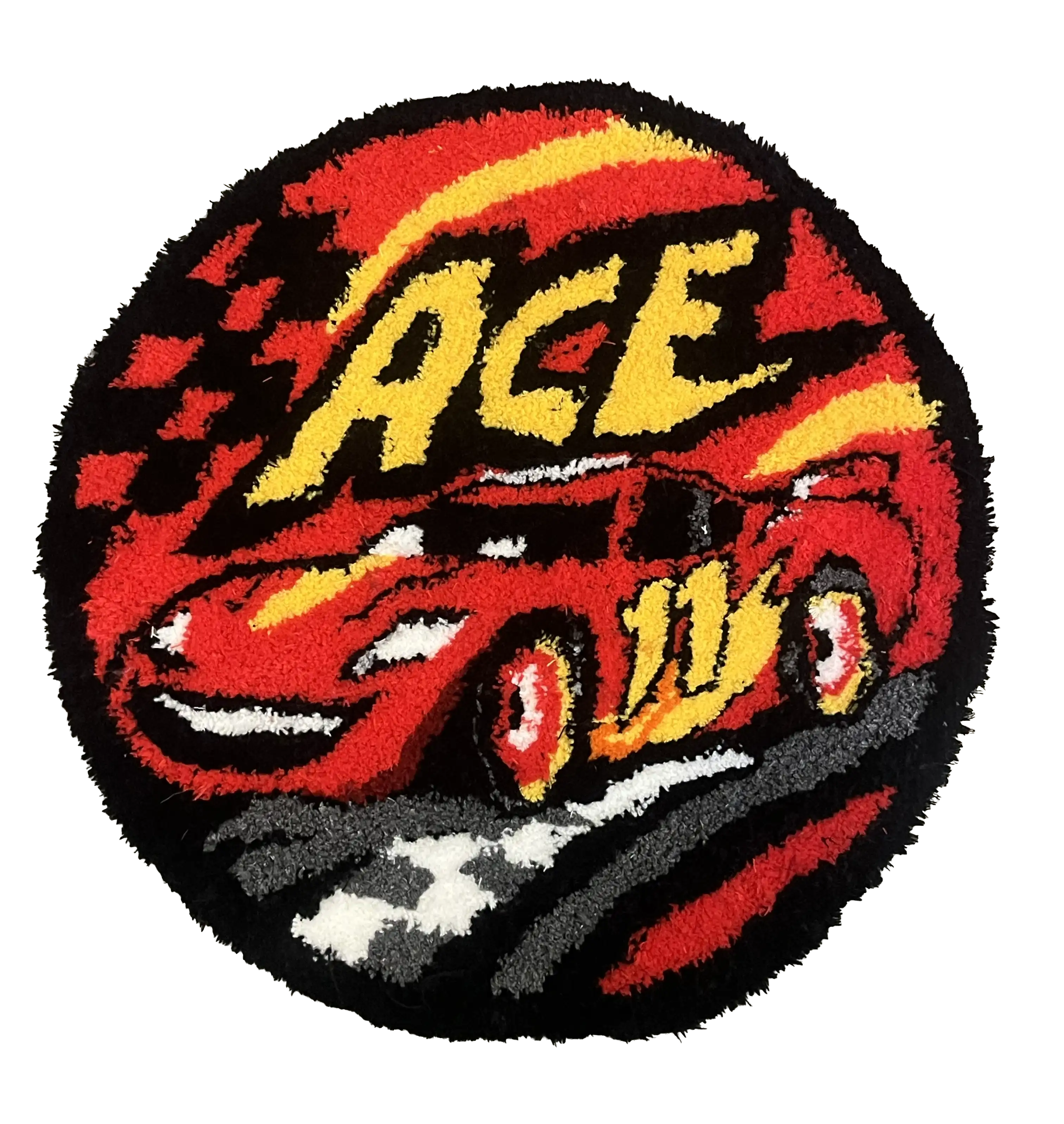 Round racing-themed tufted rug with a red sports car, flames and yellow “ACE” lettering